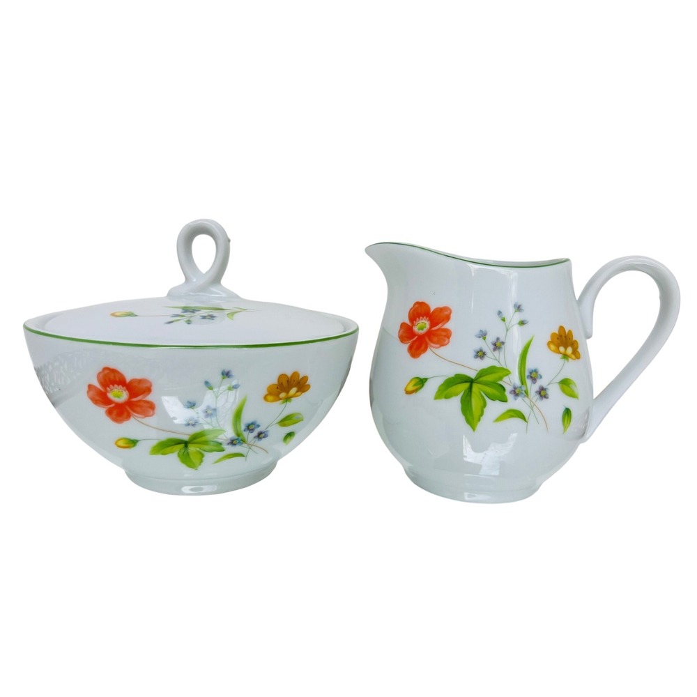 Castlecourt April Flowers Fine China Sugar Bowl &‎ Creamer Set Japan Vintage